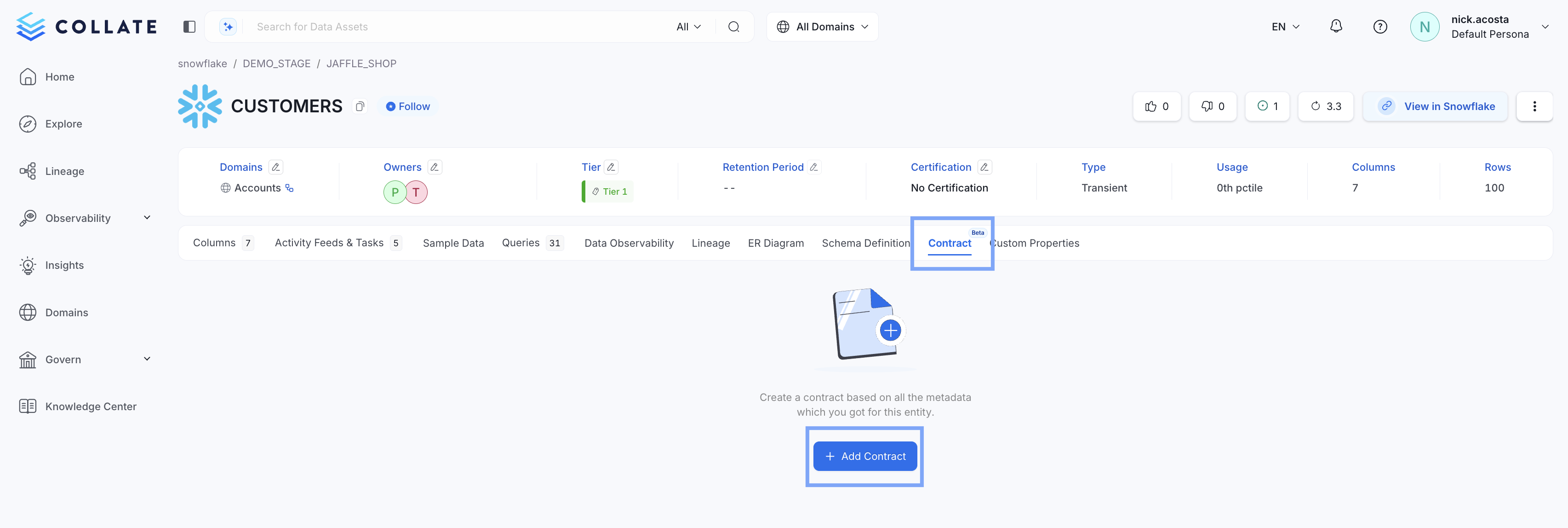 Adding a Data Contract to an OpenMetadata Table